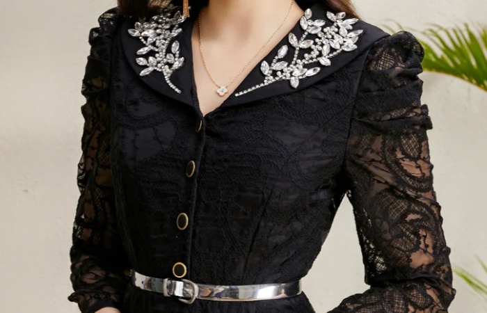 Autumn long embroidery lace V-neck rhinestone dress