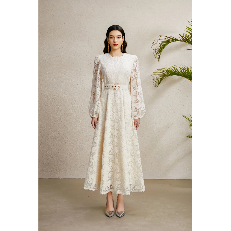Long pinched waist round neck autumn lace dress