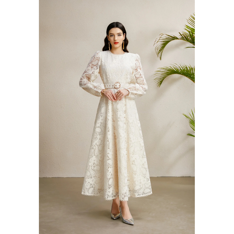 Long pinched waist round neck autumn lace dress