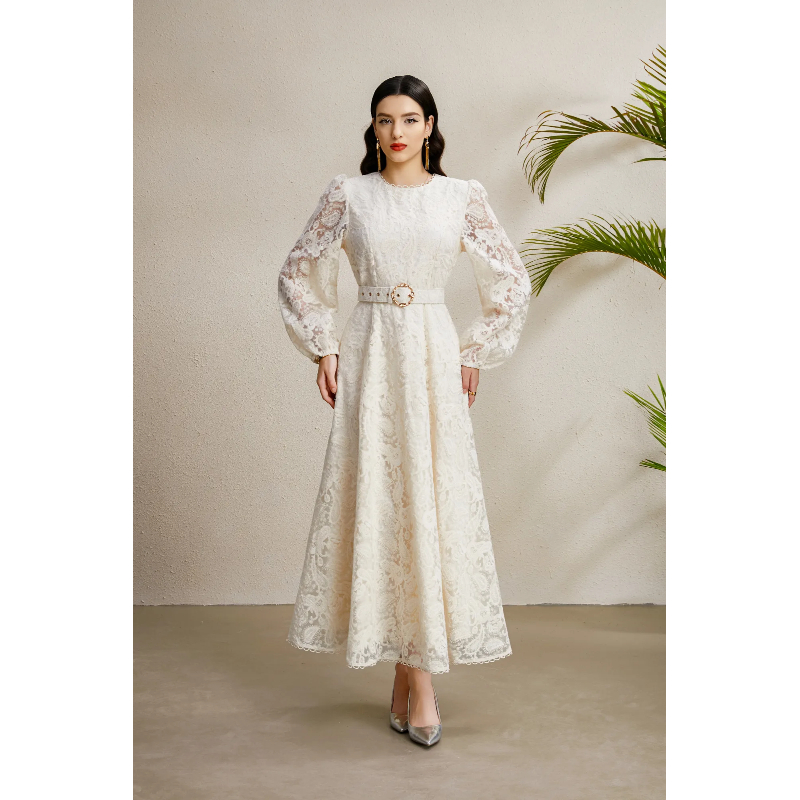 Long pinched waist round neck autumn lace dress