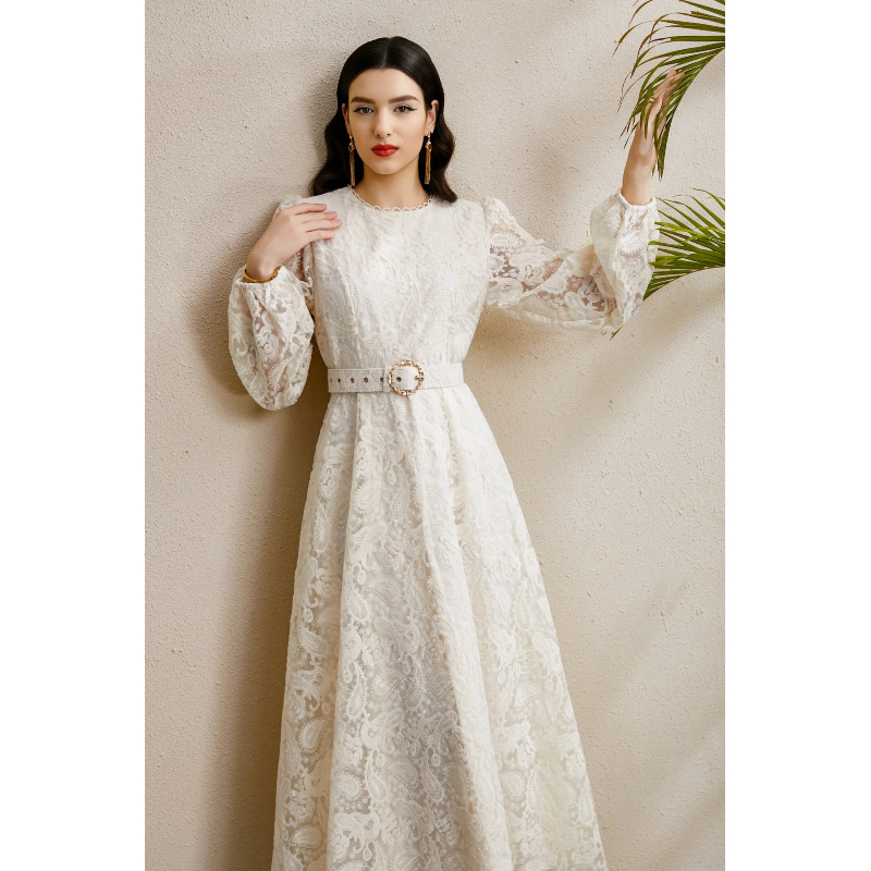 Long pinched waist round neck autumn lace dress