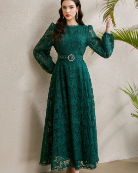 Pinched waist autumn lace round neck embroidery long dress