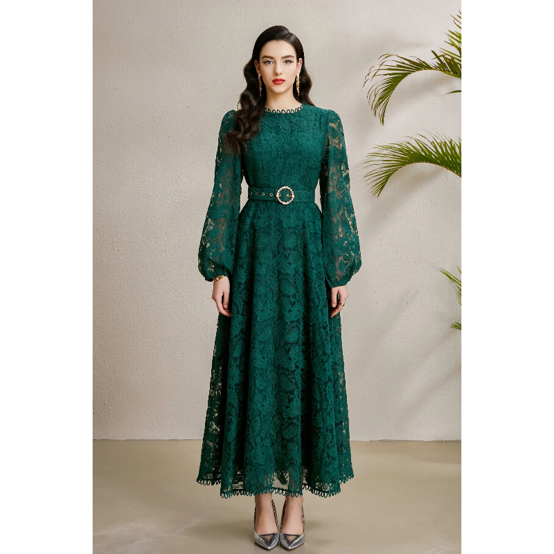 Pinched waist autumn lace round neck embroidery long dress