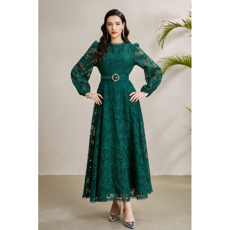 Pinched waist autumn lace round neck embroidery long dress