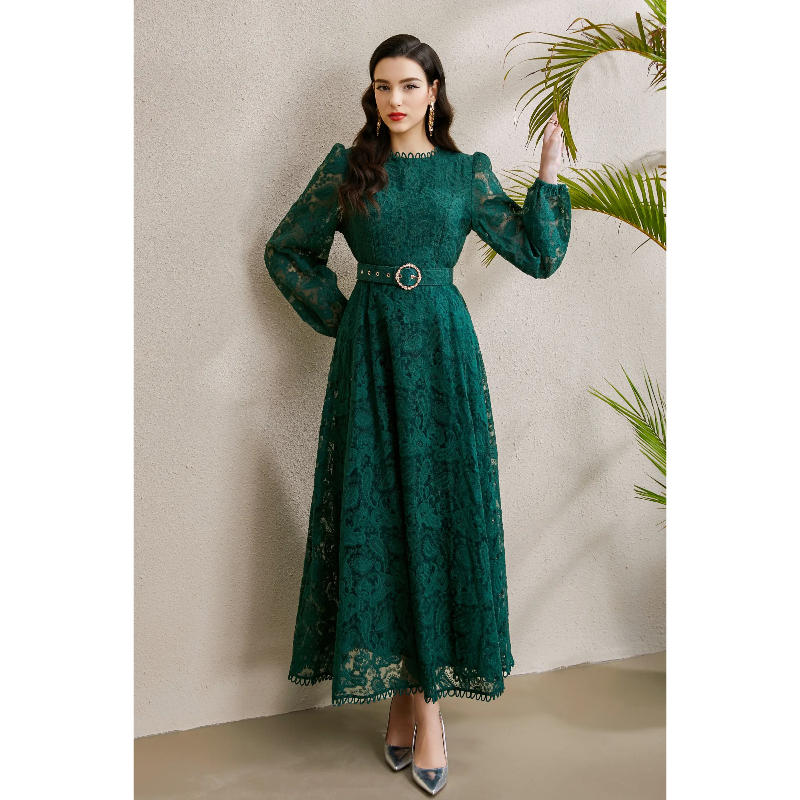Pinched waist autumn lace round neck embroidery long dress