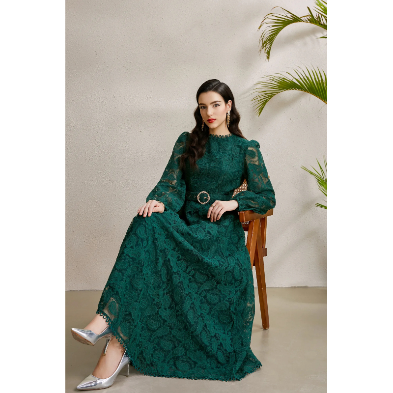 Pinched waist autumn lace round neck embroidery long dress
