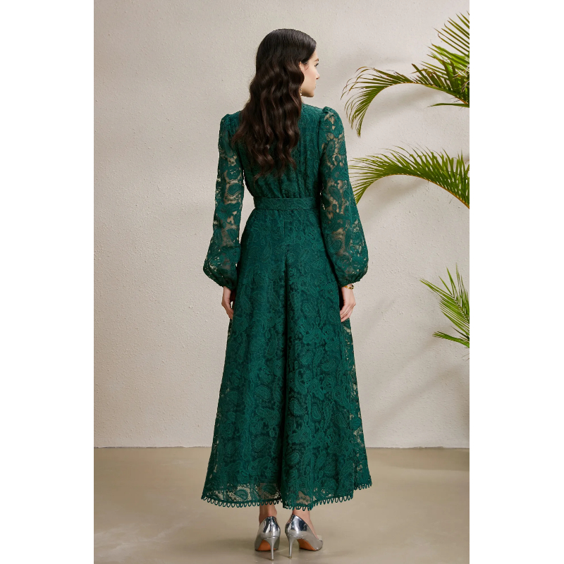 Pinched waist autumn lace round neck embroidery long dress
