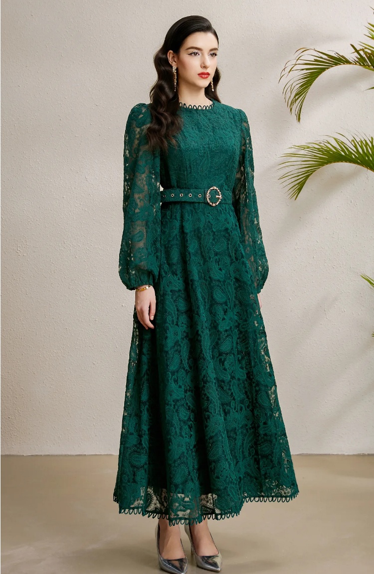 Pinched waist autumn lace round neck embroidery long dress