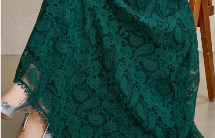 Pinched waist autumn lace round neck embroidery long dress
