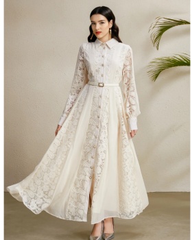 Lapel embroidery long splice pinched waist dress