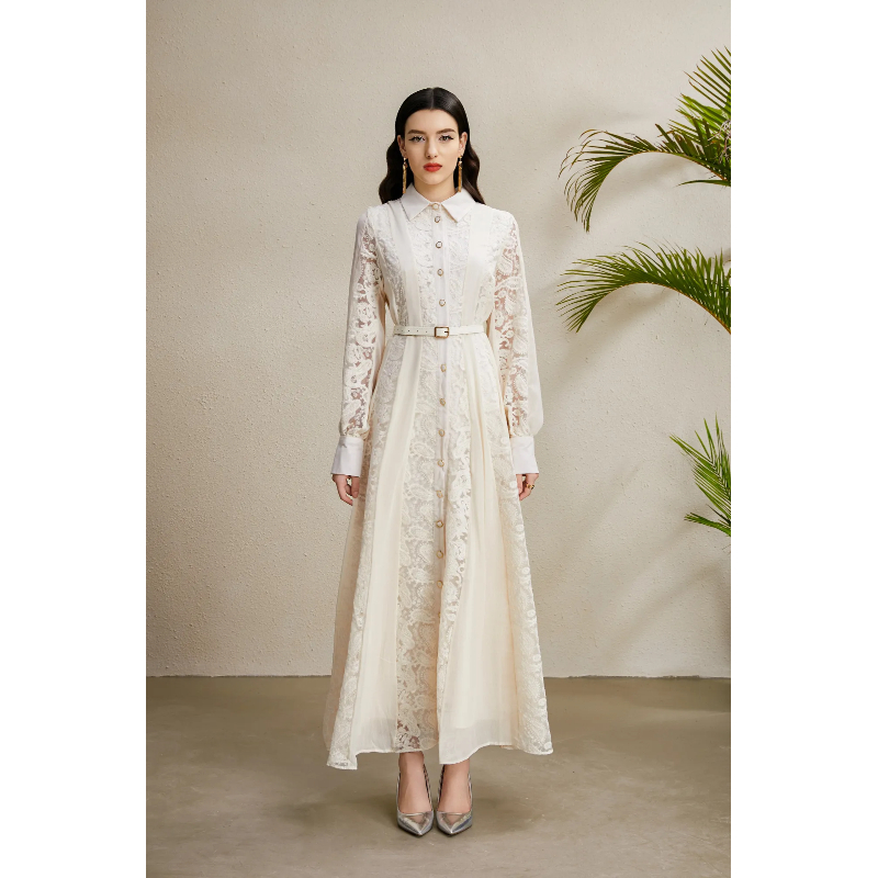 Lapel embroidery long splice pinched waist dress