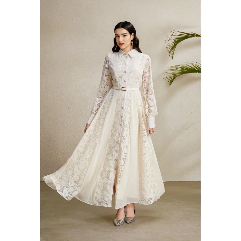 Lapel embroidery long splice pinched waist dress