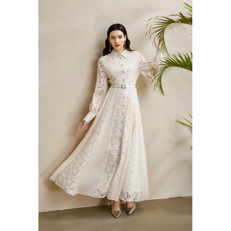 Lapel embroidery long splice pinched waist dress