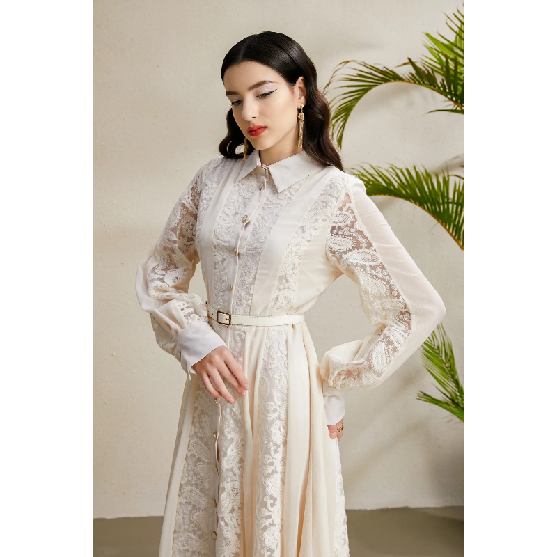 Lapel embroidery long splice pinched waist dress