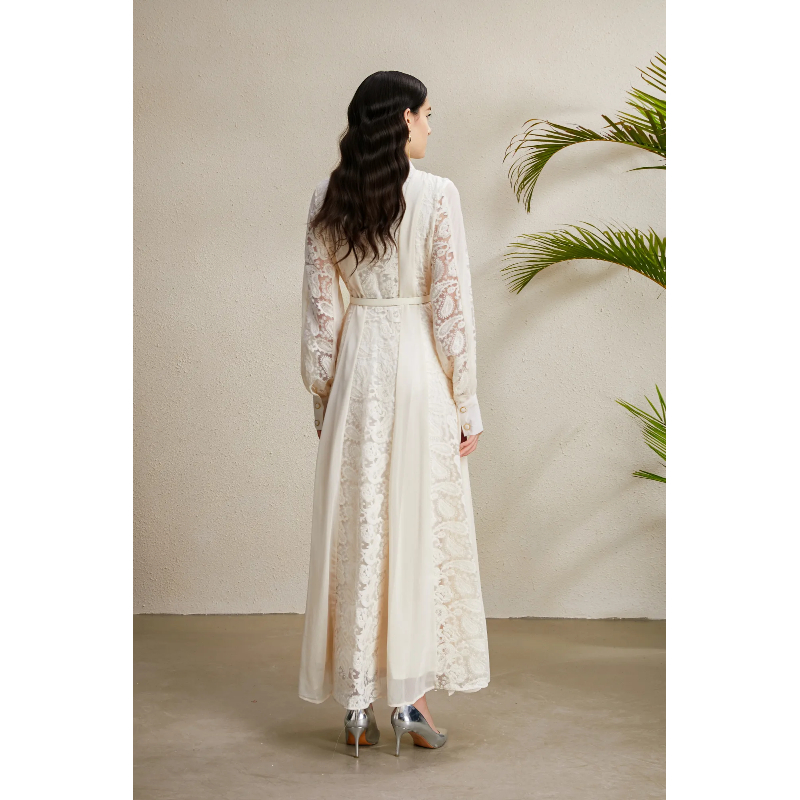 Lapel embroidery long splice pinched waist dress
