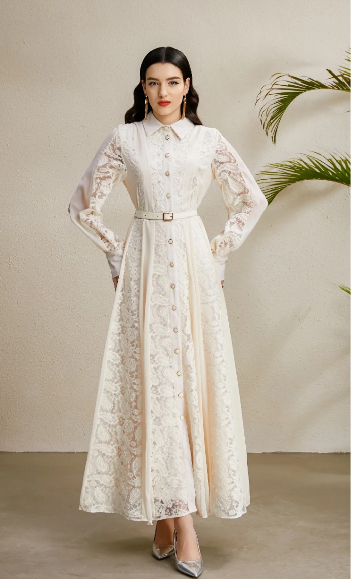 Lapel embroidery long splice pinched waist dress
