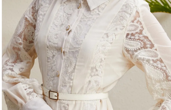 Lapel embroidery long splice pinched waist dress