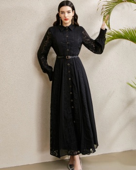 Pinched waist lapel lace embroidery splice long autumn dress