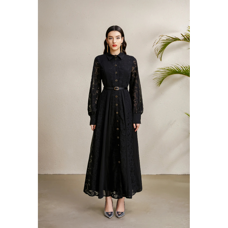 Pinched waist lapel lace embroidery splice long autumn dress