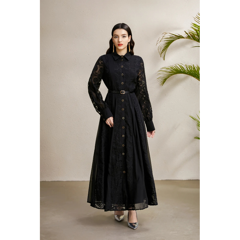 Pinched waist lapel lace embroidery splice long autumn dress