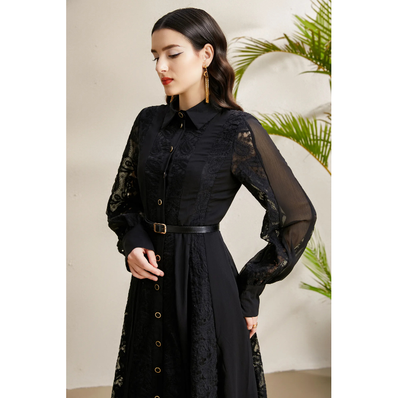 Pinched waist lapel lace embroidery splice long autumn dress