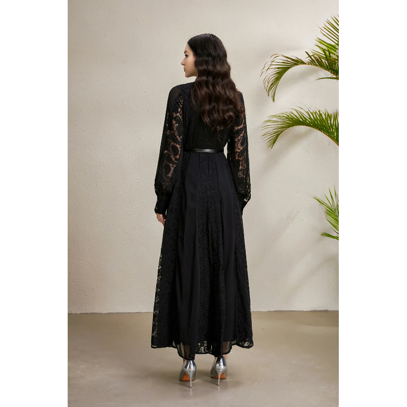 Pinched waist lapel lace embroidery splice long autumn dress