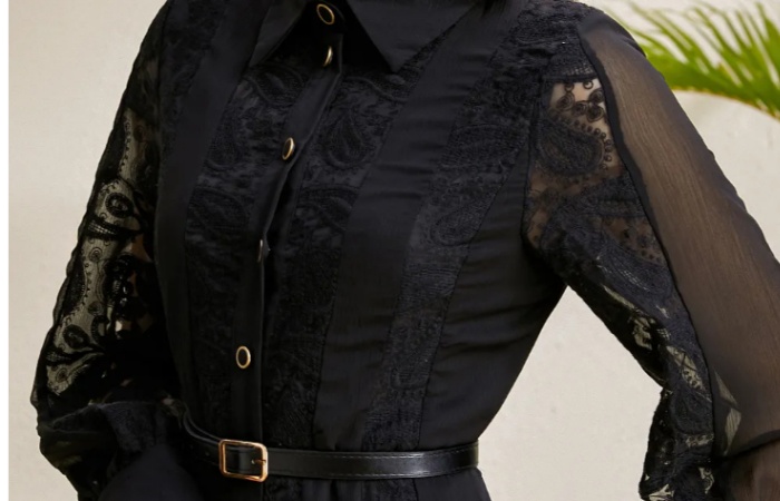 Pinched waist lapel lace embroidery splice long autumn dress