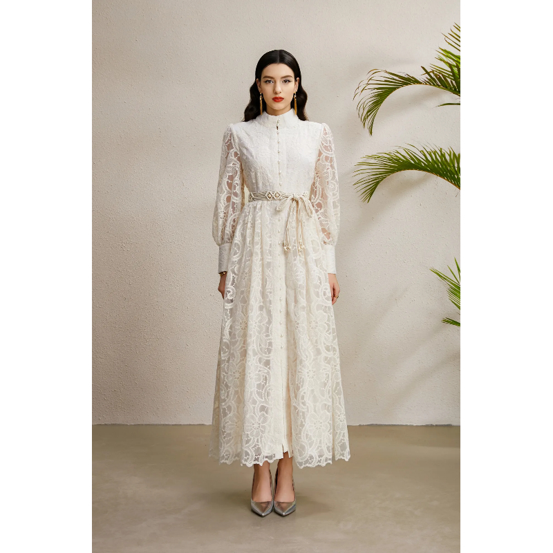 Tassels autumn double placket lace embroidery dress