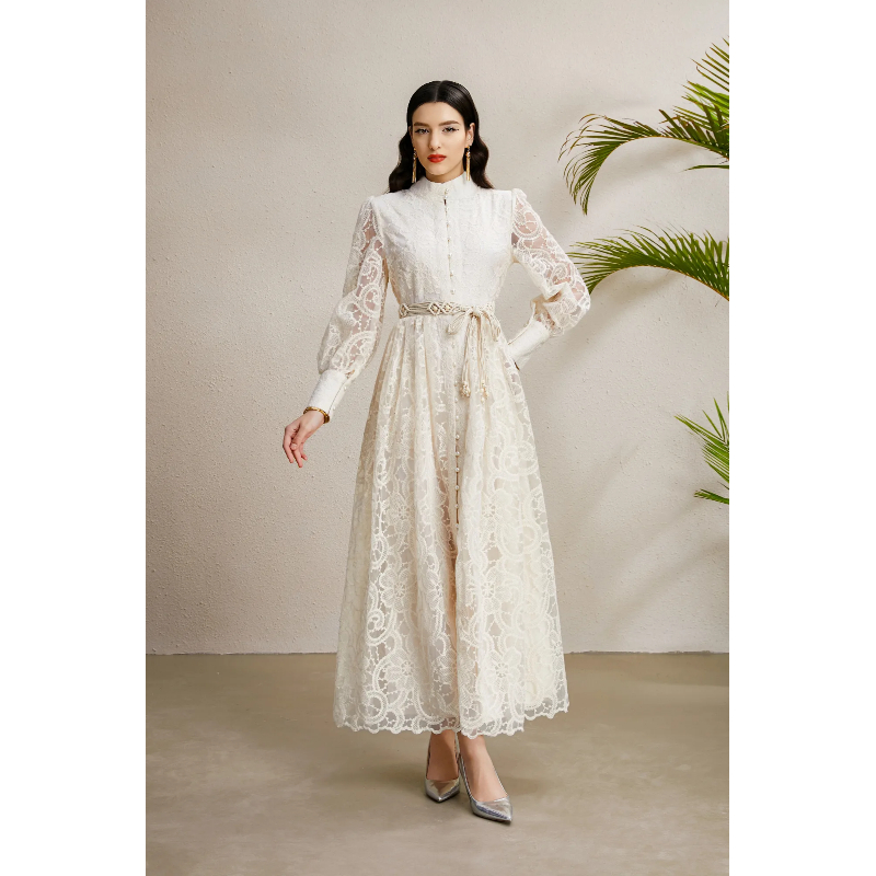 Tassels autumn double placket lace embroidery dress