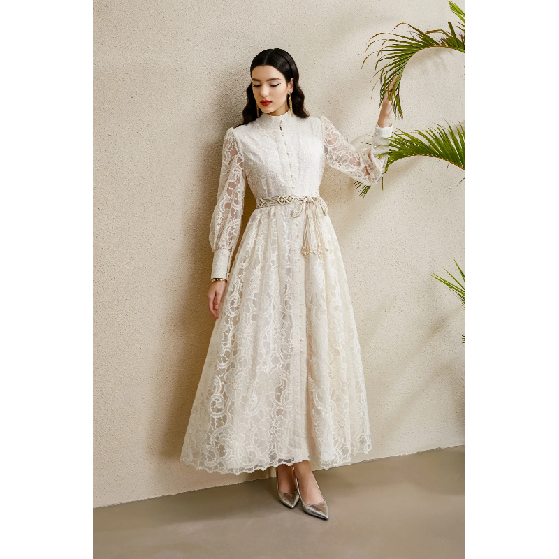 Tassels autumn double placket lace embroidery dress
