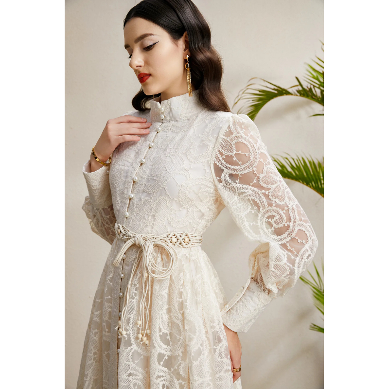 Tassels autumn double placket lace embroidery dress