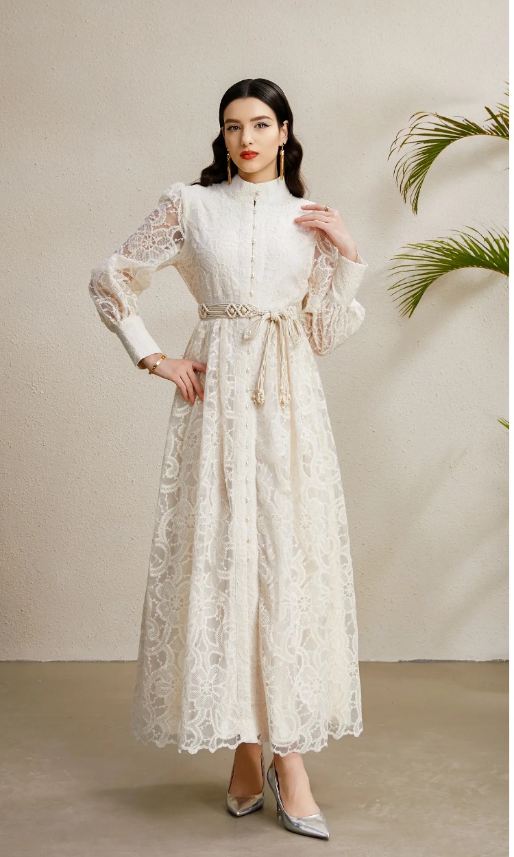 Tassels autumn double placket lace embroidery dress