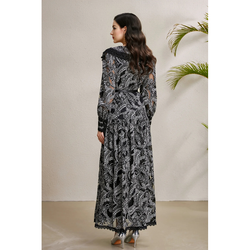 Long lace V-neck waves hollow autumn dress