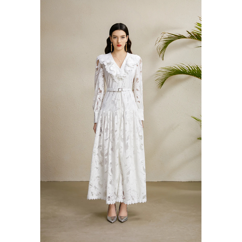 Long hollow V-neck lace waves autumn dress