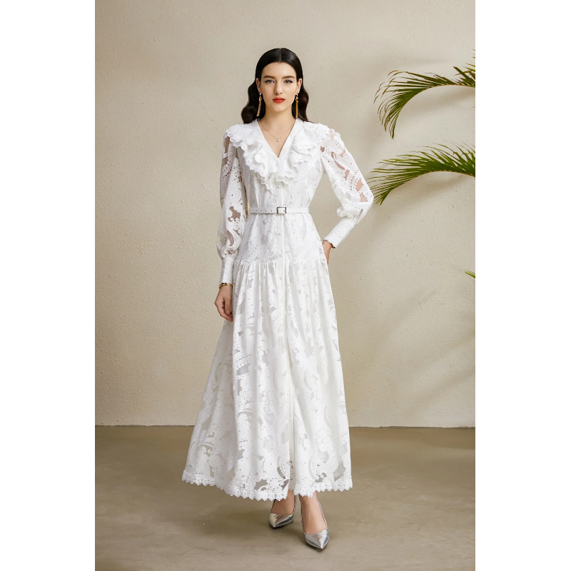 Long hollow V-neck lace waves autumn dress
