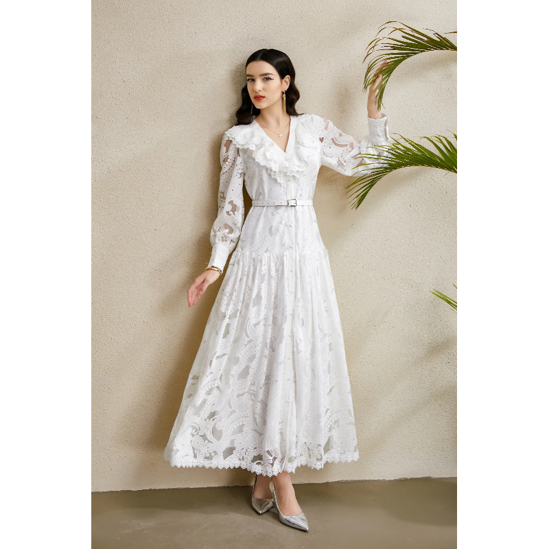 Long hollow V-neck lace waves autumn dress