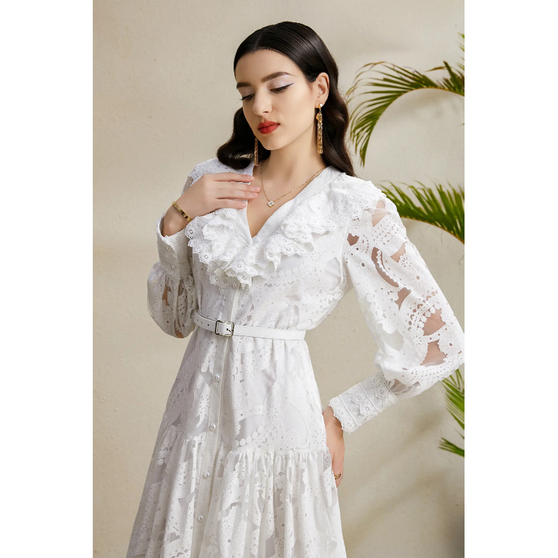 Long hollow V-neck lace waves autumn dress