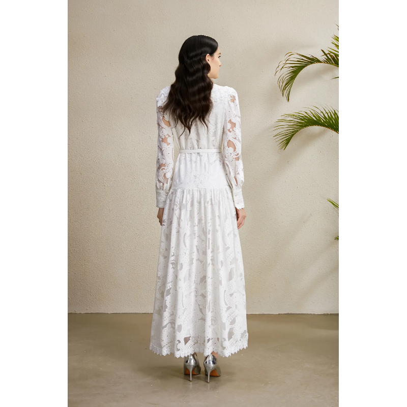 Long hollow V-neck lace waves autumn dress