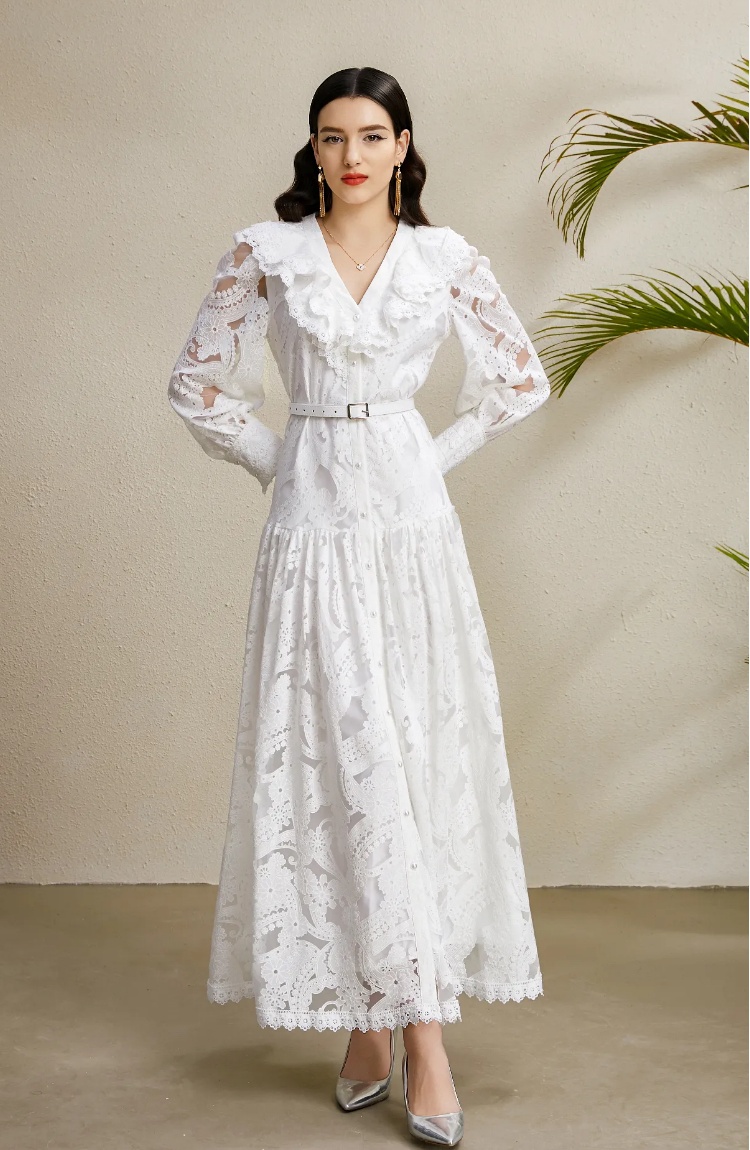 Long hollow V-neck lace waves autumn dress