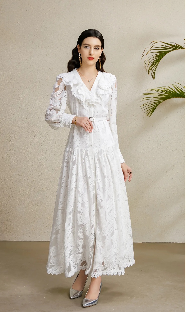 Long hollow V-neck lace waves autumn dress