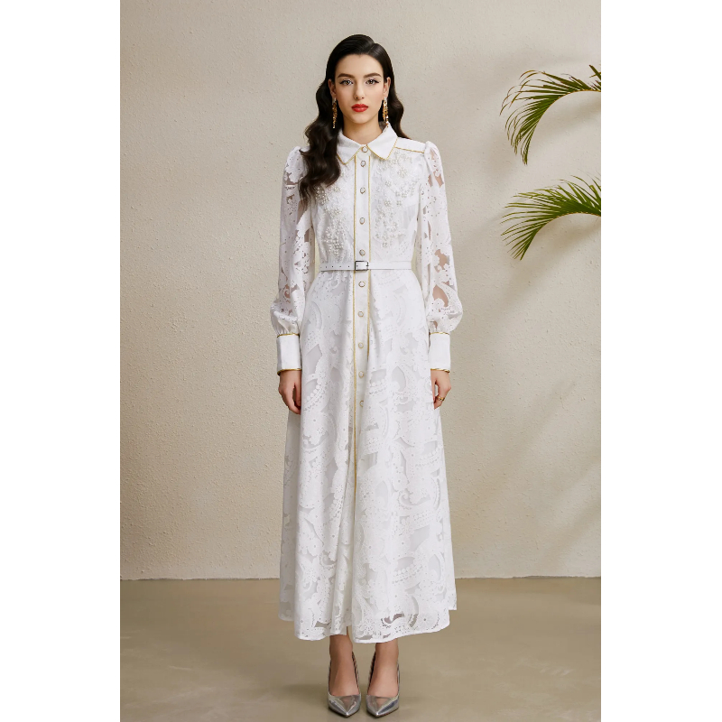 Corsage autumn hollow golden edge lapel beading long dress
