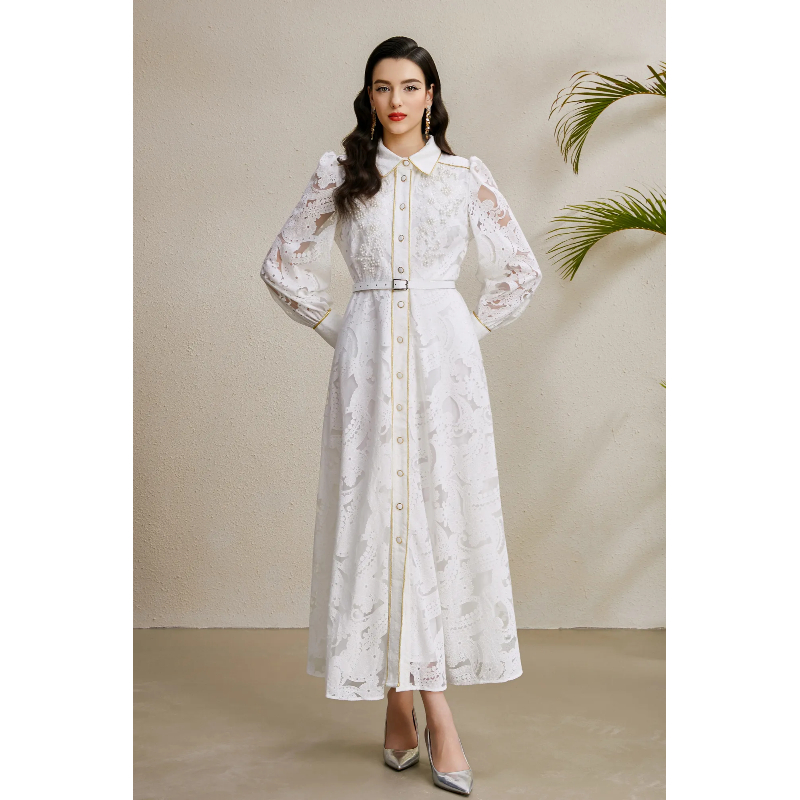 Corsage autumn hollow golden edge lapel beading long dress