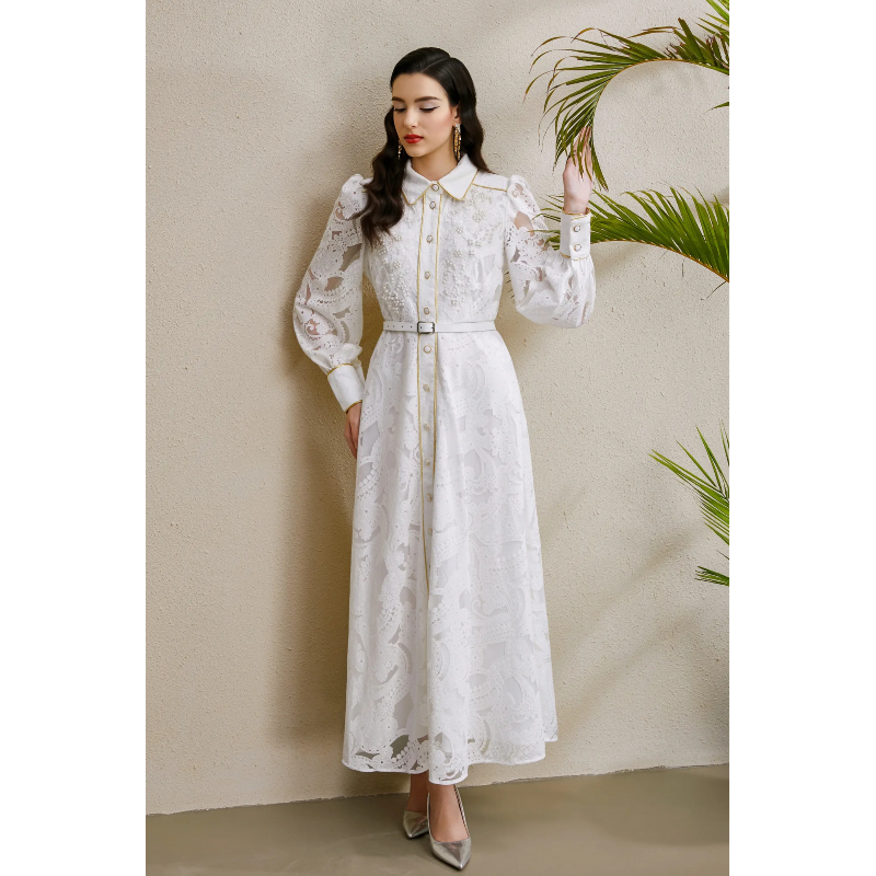Corsage autumn hollow golden edge lapel beading long dress