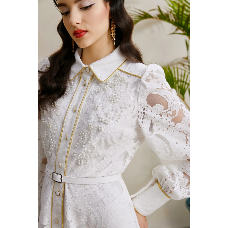Corsage autumn hollow golden edge lapel beading long dress
