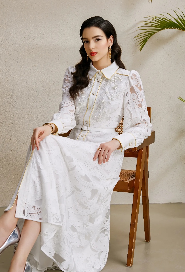 Corsage autumn hollow golden edge lapel beading long dress