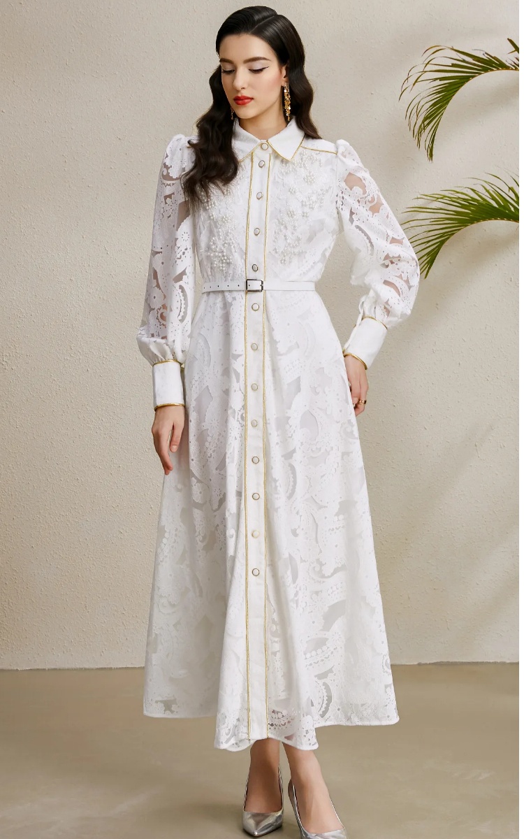 Corsage autumn hollow golden edge lapel beading long dress