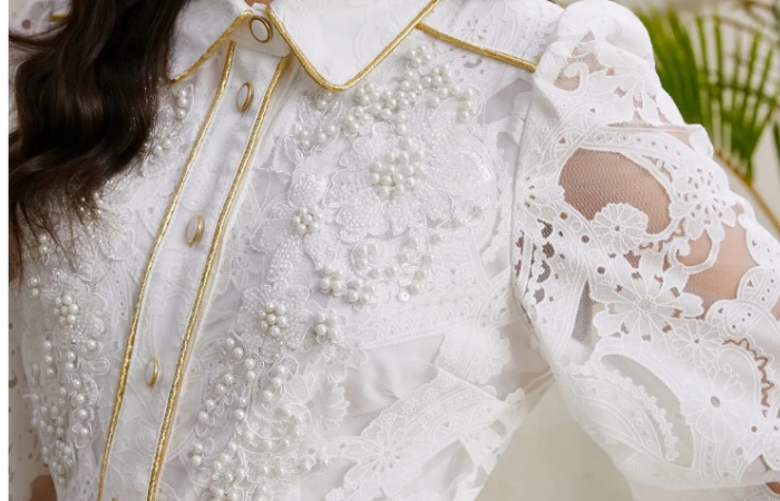 Corsage autumn hollow golden edge lapel beading long dress