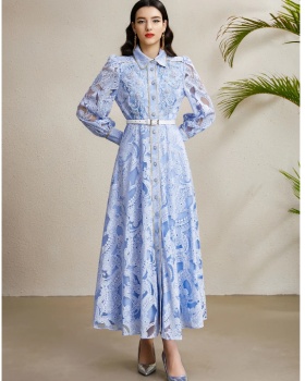 Lapel lace corsage long autumn golden edge hollow dress