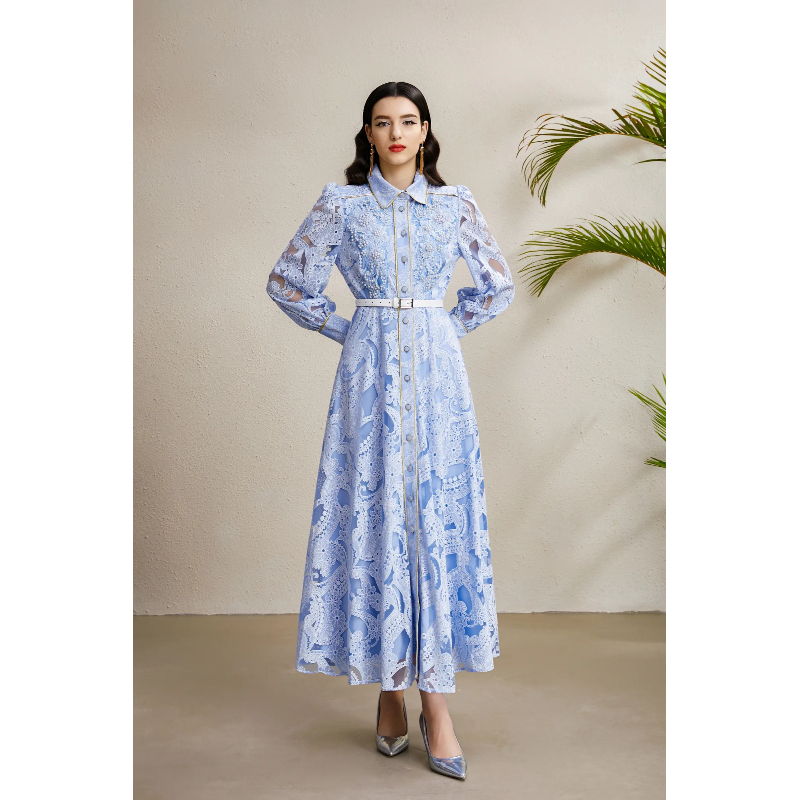 Lapel lace corsage long autumn golden edge hollow dress
