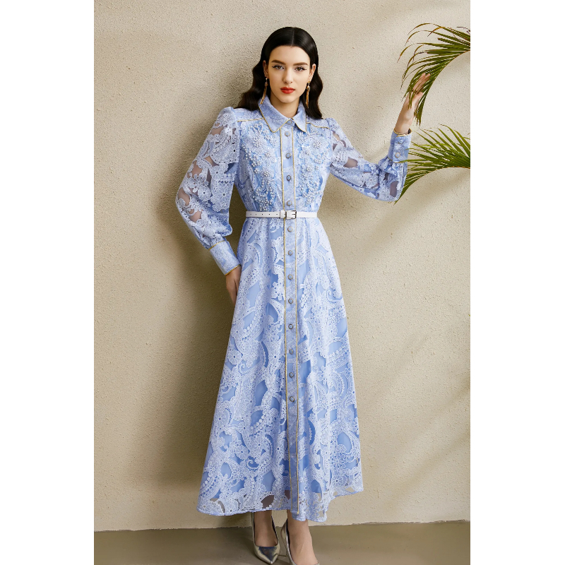 Lapel lace corsage long autumn golden edge hollow dress